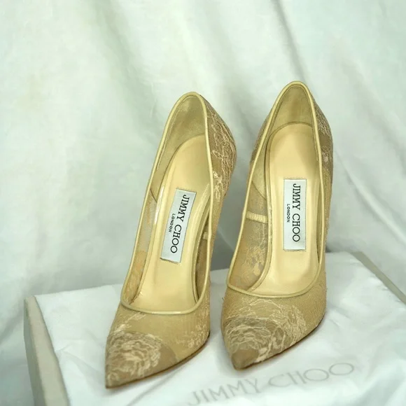 Jimmy Choo Tan Lace Heels - Picture 1 of 7